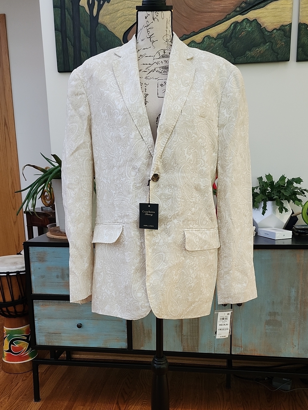 NWT Club Room Luxury 100% Linen Paisley Blazer White/Cream Men’s Size Medium
